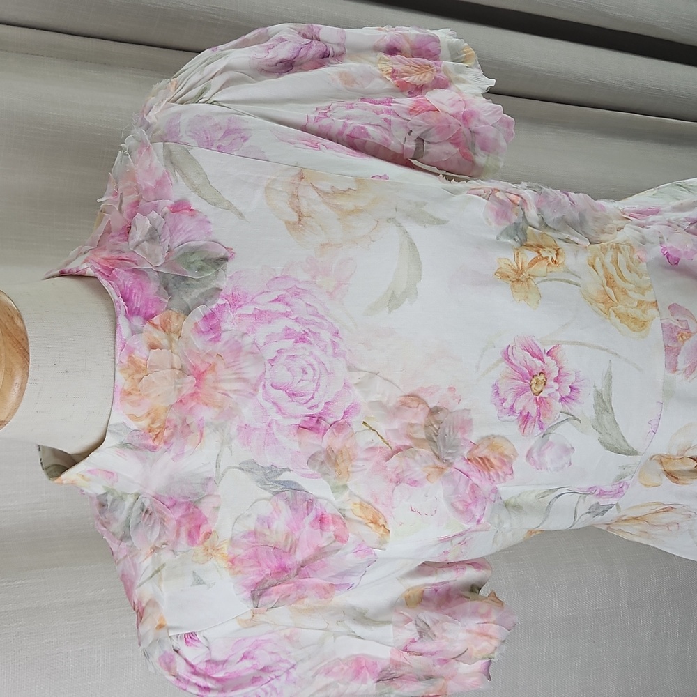 ANTONIO MELANI Iris Linen Floral Short Sleeve Mockneck Mini Dress: Ivory/Floral - Picture 2 of 15